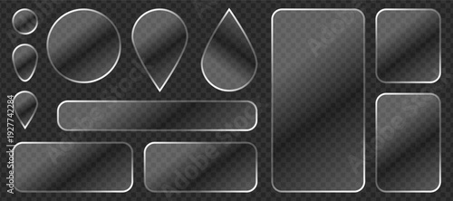 Liquid glass button interface, light frame banner set, glowing tech board light frames, glass panel banners for apps, futuristic PNG vector mobile.