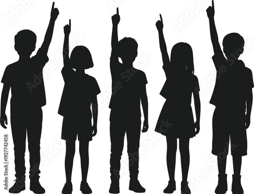 School Children Raising Hands Silhouette Collection, Kids Standing and Pointing Up Isolated Education Flat Vector Illustration Set