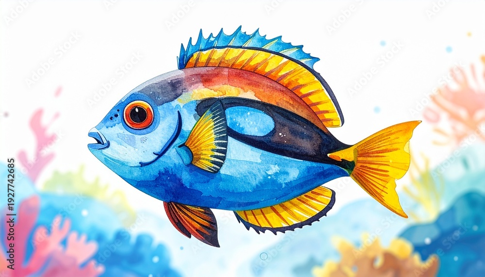 Fototapeta premium Watercolor Fish Illustration with Bright Colorful Details Underwater Scene Cute Cartoon Style Marine Life.
