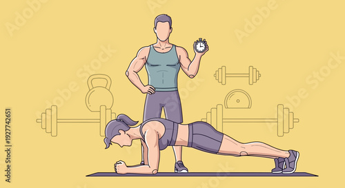 Healthcare & Medical Illustration of Men in Workout Routine with Dumbbells, Sports Bras, and Exercise Gear in Yellow Background