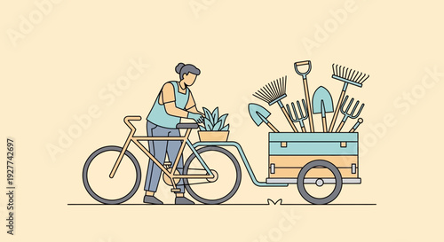 Man riding bicycle with trailer loaded with gardening tools in whimsical illustration, playful yard work scene.