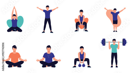 Set of various icons showing people performing different physical exercises including yoga, weightlifting, squats, and meditation practices.