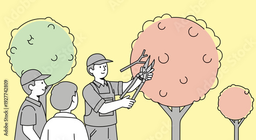 Three Cartoon Men Pruning Trees with Shears, Cap‑Wearing, Plain Background