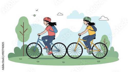Two young women wearing safety helmets and backpacks enjoy a sunny day while riding their bicycles along a path in a beautiful green park.