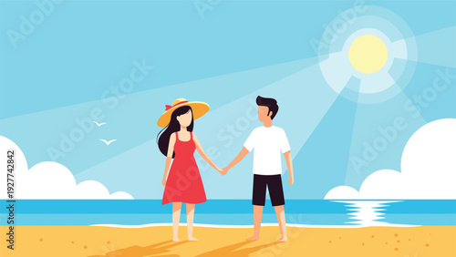 Happy young couple holding hands and walking on a sandy beach under a bright yellow sun with white clouds and blue ocean water.
