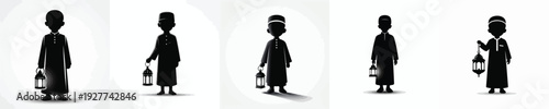 silhouette vector of a Muslim little boy standing holding a Ramadan lantern