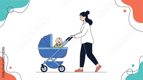 Caring mother walking and pushing a blue baby stroller with her happy smiling infant child inside against a creative abstract background.