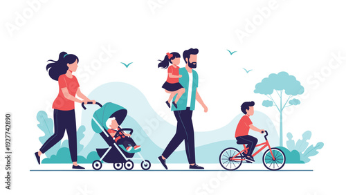 Happy family with a mother, father, and three children walking, cycling, and pushing a stroller in a beautiful green public park.