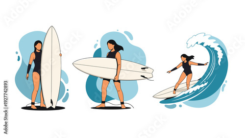 Young female surfer holding her surfboard, walking with it, and riding a large blue ocean wave in a three-stage action illustration.