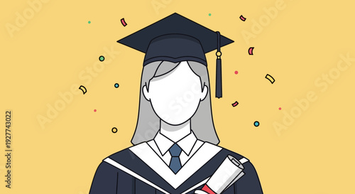 A Cartoon Graduate with Cap, Gown, Diploma and Tie Amid Confetti – Joyful Illustration from a Festive Viewpoint