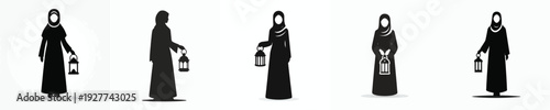 silhouette vector of a Muslim woman standing holding a Ramadan lantern