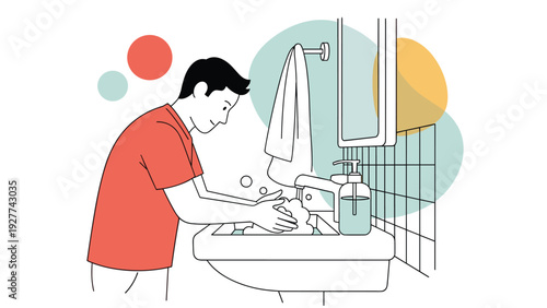 Young man leaning over a white sink and carefully washing his hands with soap in a bathroom to maintain good hygiene.