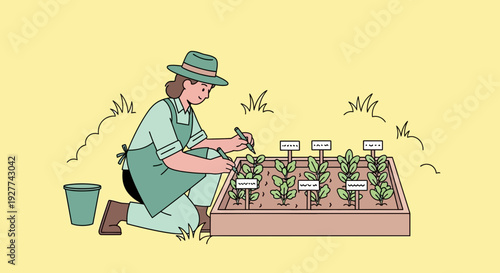 Kneeling Woman Holding Tool Tending Garden Planter Box With Bucket in Simple Illustration, Front View