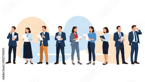 Diverse group of business people in formal suits standing in a horizontal line against a soft abstract background for corporate use.