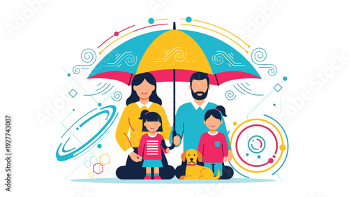 Young family with a father, mother, two daughters, and a dog sitting safely under a large colorful umbrella for protection.