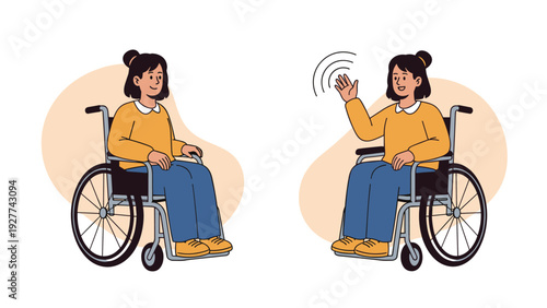 Two cheerful women sitting in wheelchairs and waving to each other as they communicate in a friendly and inclusive environment.