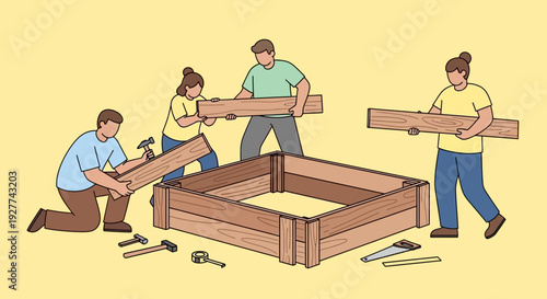 Men Building a Wooden Frame Together in a Yellow Studio with Hammers and Nails – Teamwork in Action