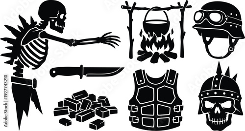 Silhouette stencil close up zombie skeleton reaching with knife armor helmet skull and campfire cauldron composition in black