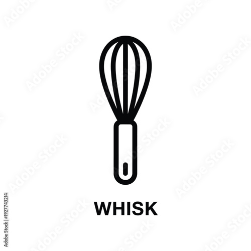 Simple black outline of a kitchen whisk with the word whisk below