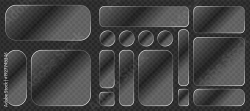 Liquid glass button interface, light frame banner set, glass panel light banners futuristic, tech board collection mobile web, glowing PNG vector.
