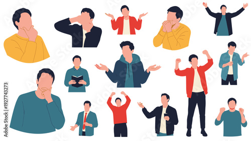 Large collection of diverse male characters in various poses and expressions, showing different emotions like thinking, cheering, and talking.