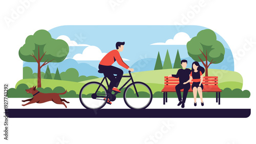 People enjoying a sunny day in a beautiful green park, with a man riding a bicycle, a couple sitting on a bench, and a dog running happily.