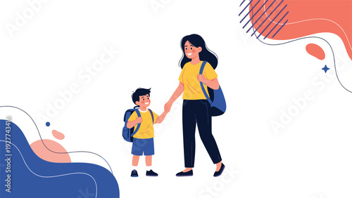 Smiling mother holding her young son's hand as they walk to school together, both wearing backpacks against a clean white and blue background.