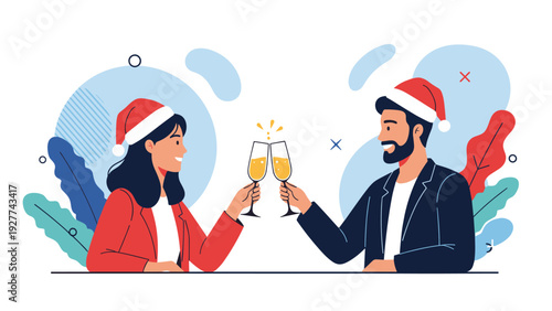 Happy couple wearing Santa hats and toasting with glasses of champagne while celebrating Christmas or New Year together in a festive setting.