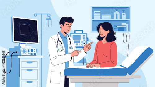 Professional doctor in a white coat talking to a female patient in a medical clinic equipped with advanced technology for diagnosis and care.