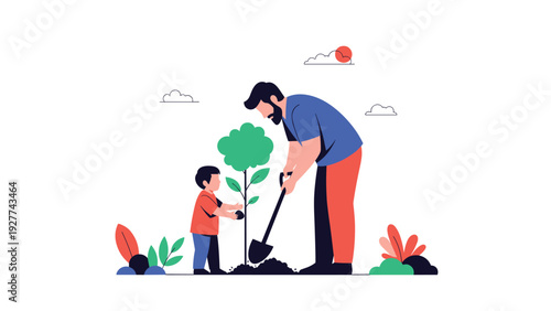Father and young son working together to plant a small tree in the ground using a shovel, symbolizing environmental care and growth.