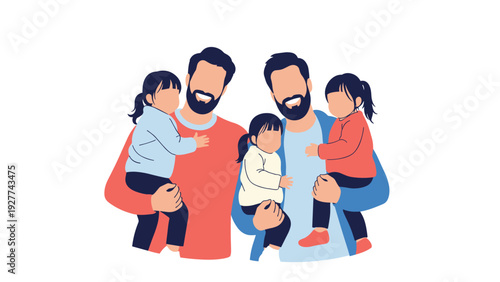 Two happy fathers smiling and holding their young children in their arms, representing modern family life and paternal love in a portrait.