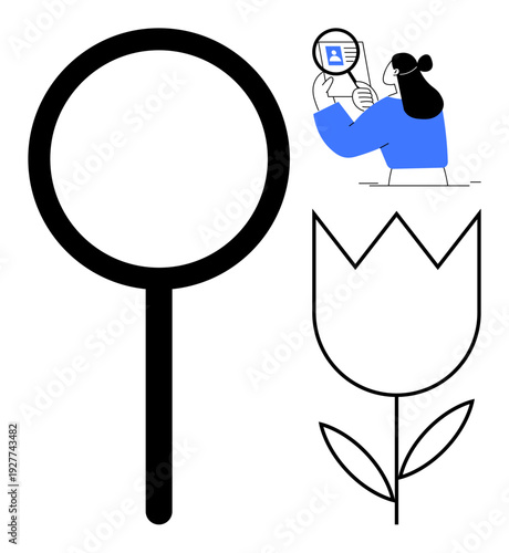 Data analysis concept. Data ed with a magnifying glass, abstract flower, and woman using digital tools. Data analysis highlights information discovery and clarity. For science, research, technology