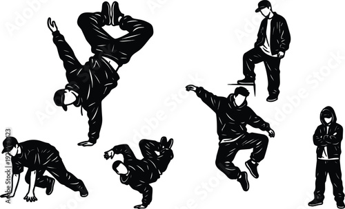 Silhouette vector break dancer performing dynamic handstand freeze power move floor work six poses side view high contrast hoodie cap street style