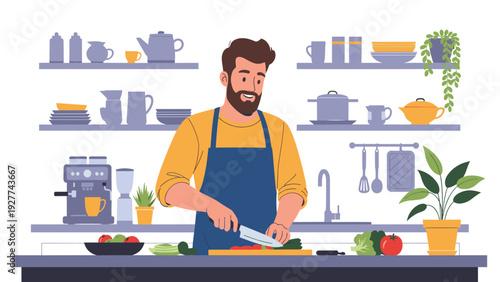 Smiling bearded man wearing a blue apron prepares a healthy meal by chopping fresh vegetables on a wooden board in a modern kitchen setting.
