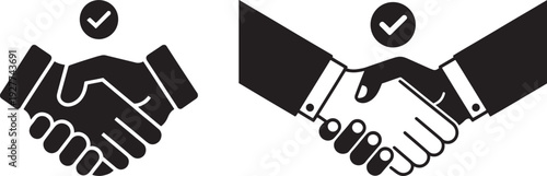 Two stylized handshake icons with checkmarks, symbolizing agreement and success, vector