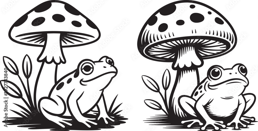 Obraz premium Charming duo of cartoon frogs sitting near polka-dot mushrooms, whimsical illustration
