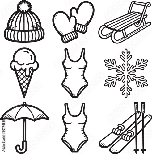 Whimsical collection of winter and summer icons including beanie, mittens, swimsuit, and snowflake