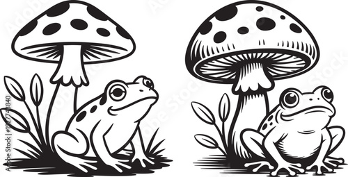 Charming duo of cartoon frogs sitting near polka-dot mushrooms, whimsical illustration