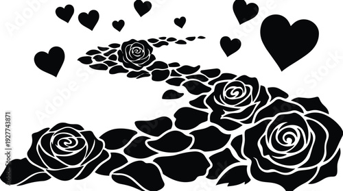 Vector silhouette winding rose petal path with hearts and three large roses close up high contrast flat graphic