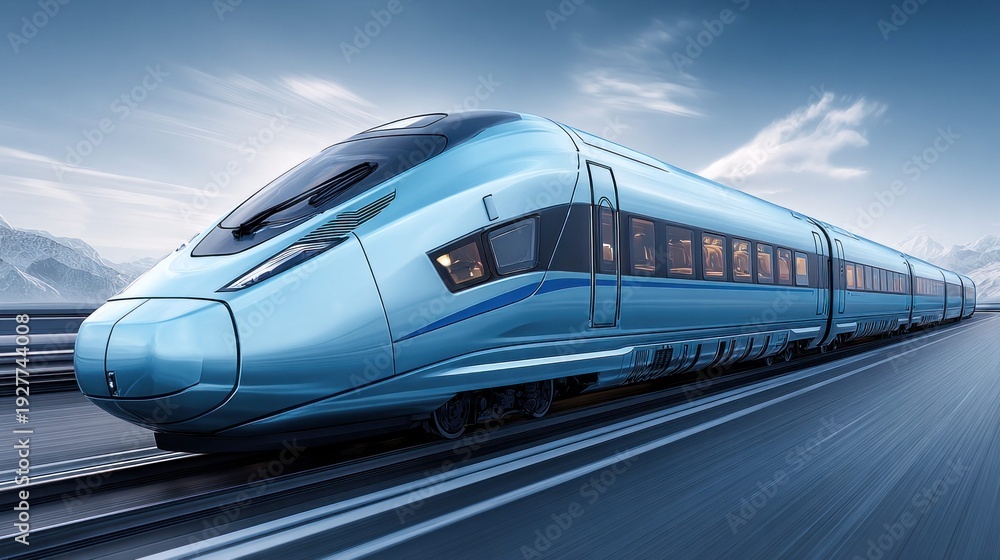 Fototapeta premium High-speed passenger train traveling on tracks with mountains in the background