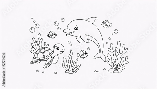 Cute Dolphin and Sea Animals Coloring Outline
