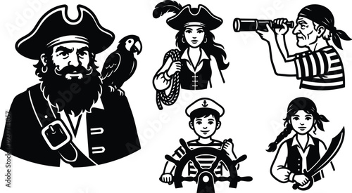 Tattoo flash pirate characters set close up bearded captain with parrot female pirate with rope boy helmsman girl with cutlass