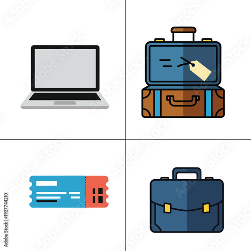 Travel Essentials - Laptop, Suitcase, Ticket, and Briefcase for Business Trips.