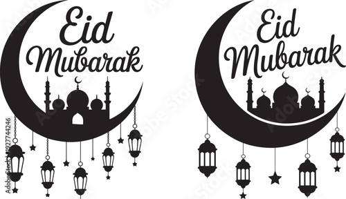 Eid Mubarak Greeting with Crescent Moon, Mosque Silhouettes, and Hanging Lanterns