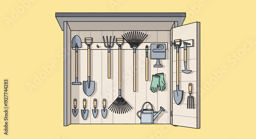 A Detailed Interior Top-Down Illustration of Tools, Storage, and Organization
