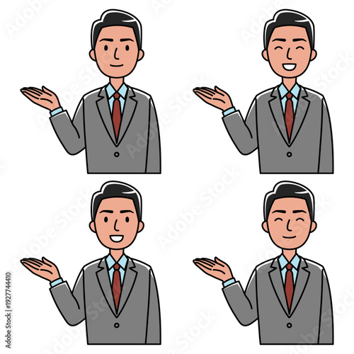 右手で案内するスーツの東南アジア系男性のイラスト