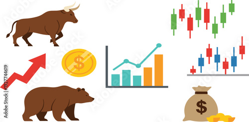 Bull and Bear Market Icons with Stock Chart Candlestick Graph and Financial Growth Symbols for Investment Trading and Economy Design