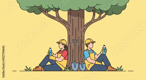 Cartoon illustration of workers taking a break under tree with shovel, rake, and waterbottles in sunny setting