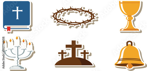 Christian Religious Icon Set with Bible Cross Crown of Thorns Chalice Menorah Church Bell and Faith Symbols for Worship and Spiritual Designs