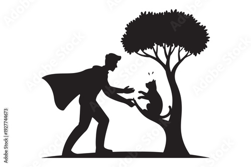 Man in cape reaching up to save small cat stranded high in tall tree branches during rescue